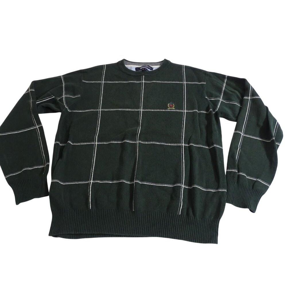 Tommy Hilfiger Mens Green Plaid Crewneck Sweater Size M Green Cotton Long Sleeve